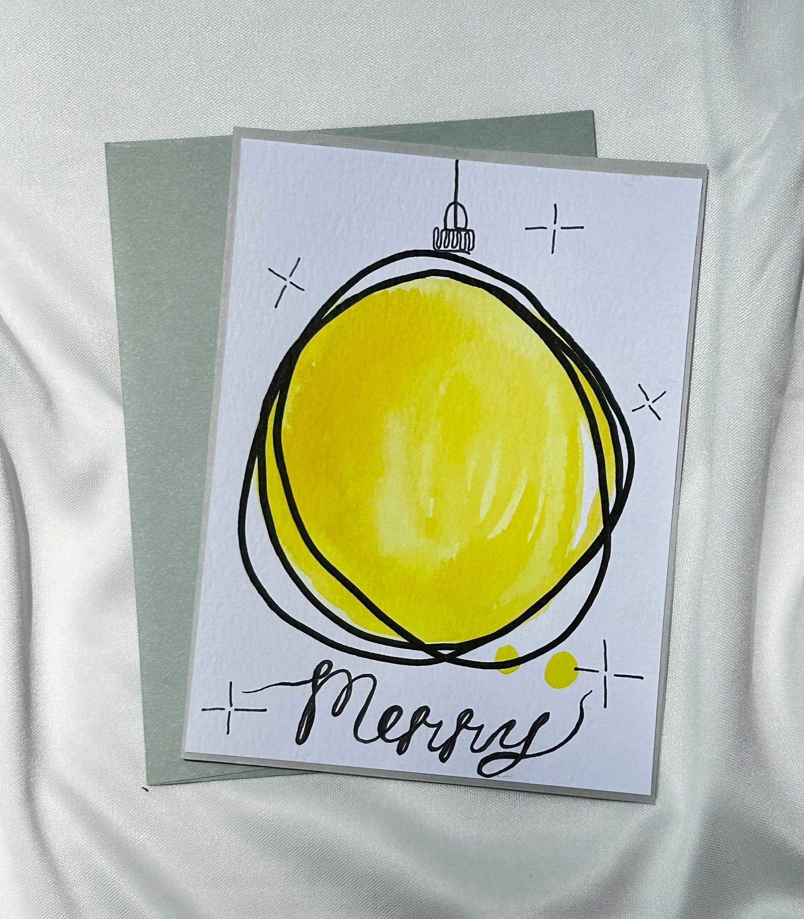 Yellow Ornament Watercolor Holiday Card – "Merry"